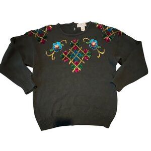 Vintage Crystal-Kobe Sequin Embroidered Sweater M Black